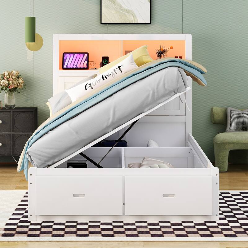 Roomfitters Wood Hydraulic Platform Bed with LED Headboard, Charging Station and Two Drawers