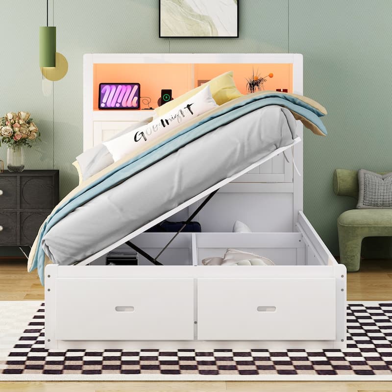 Wood Full Size Hydraulic Platform Bed, Lift Up Storage Bed w/LED Storage Headboard, Charging Station and 2 Drawers for Bedroom