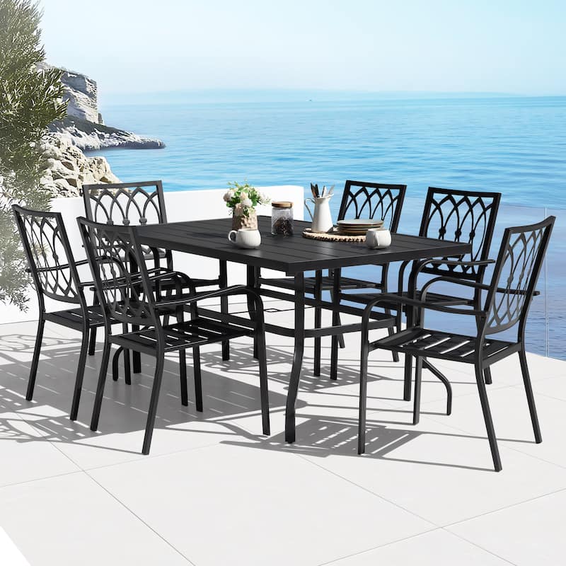 Metal Outdoor Dining Set with Umbrella Hole and Stackable Chairs