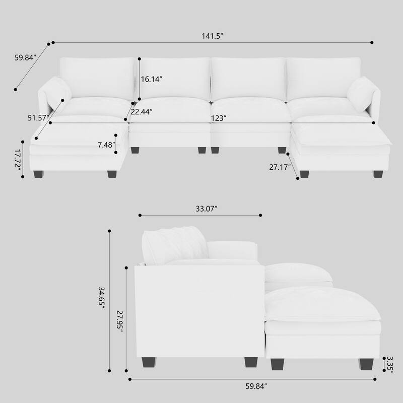 U-Shaped Sectional Sofa with Movable Ottoman, Oversized Fabric Upholstered 6 Seater Sofa, Deep Seat Sofa with Side Pockets