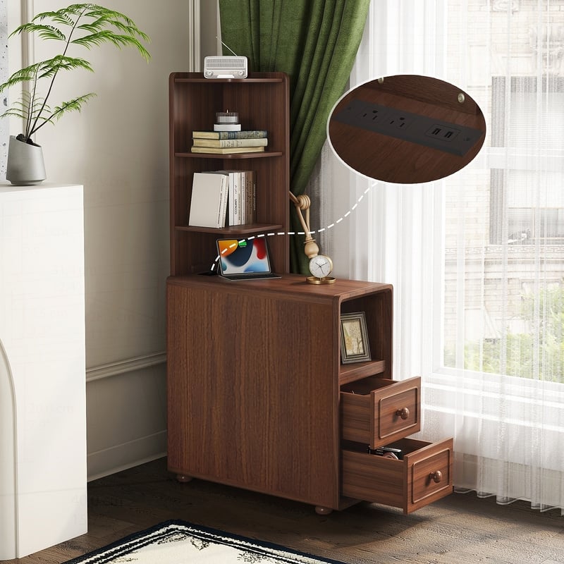 Versatile Corner Table with Drawers and Shelves for Bedroom and Living Room - Walnut - 2-drawer