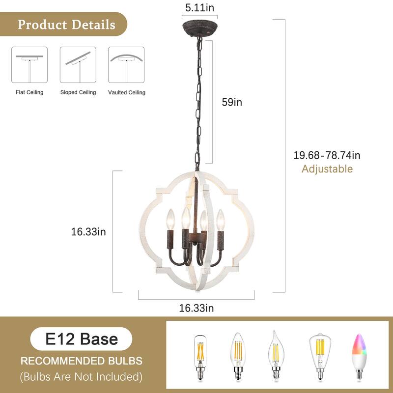 4-Light W16.34" x H78.74" Wooden Lantern Rustic Chandeliers for Dining Room