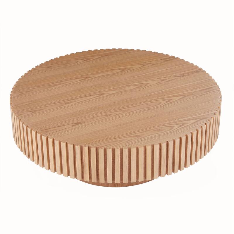 Round Wood Coffee table for Apartment, Modern Living Room Coffee Table with Sturdy Pedestal - Natural