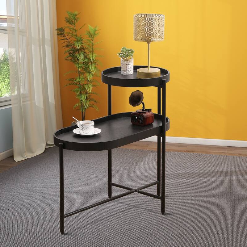 Minimalist Design Two-Tier Side Table with Adjustable Foot Pads, Black - Black