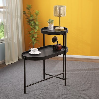 Minimalist Design Two-Tier Side Table with Adjustable Foot Pads, Black