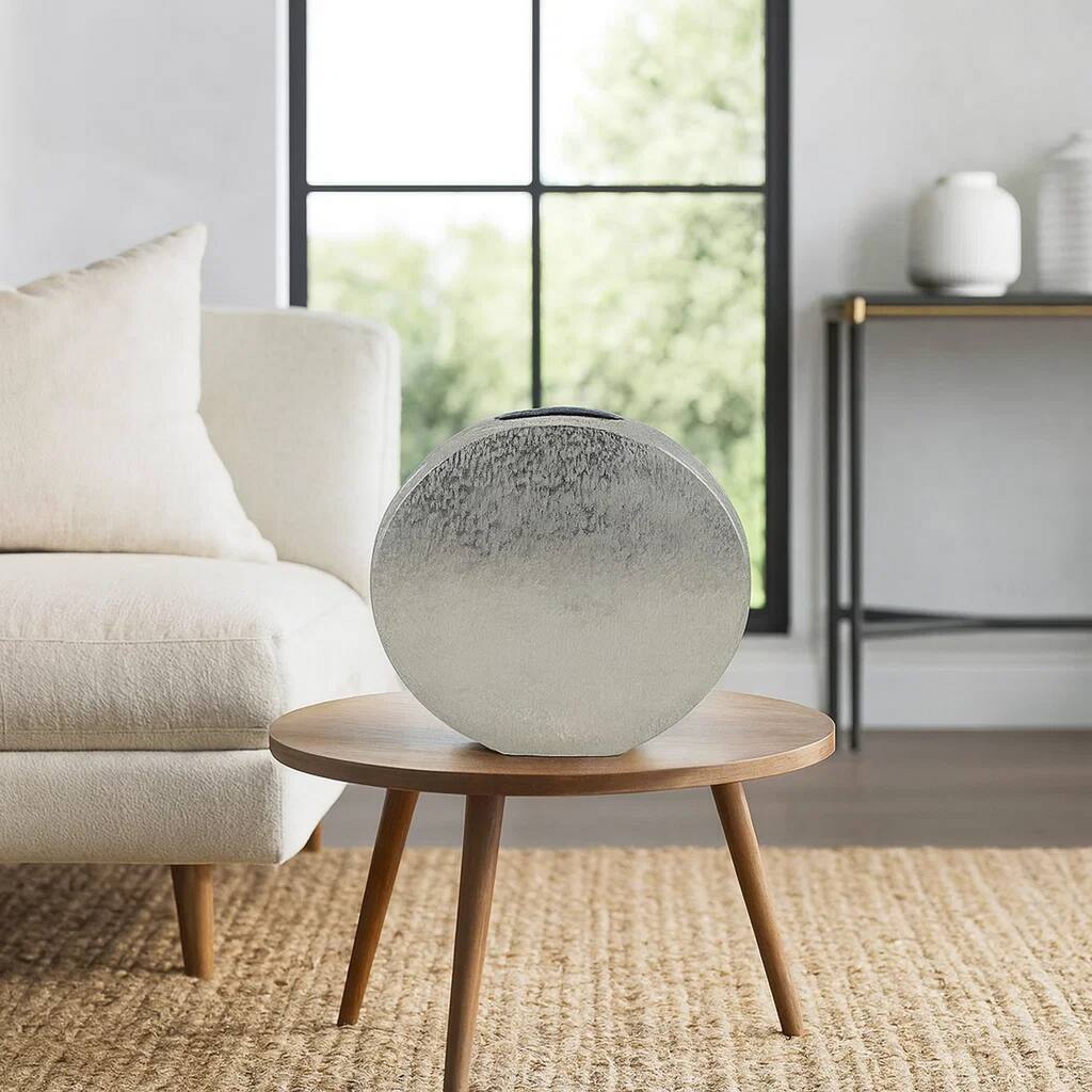 15 Inch Modern Decorative Vase, Round, Silver Finished Aluminum Frame
