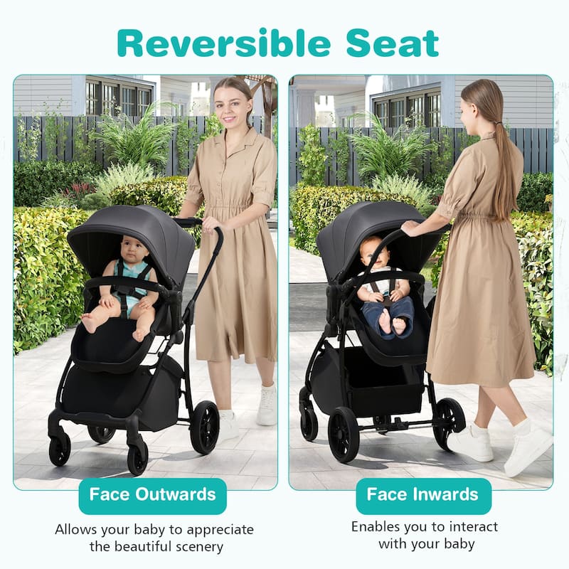 2 in 1 Metal Polyester Foldable Kids Stroller with Adjustable Seat - 38" × 22.5" × 41"