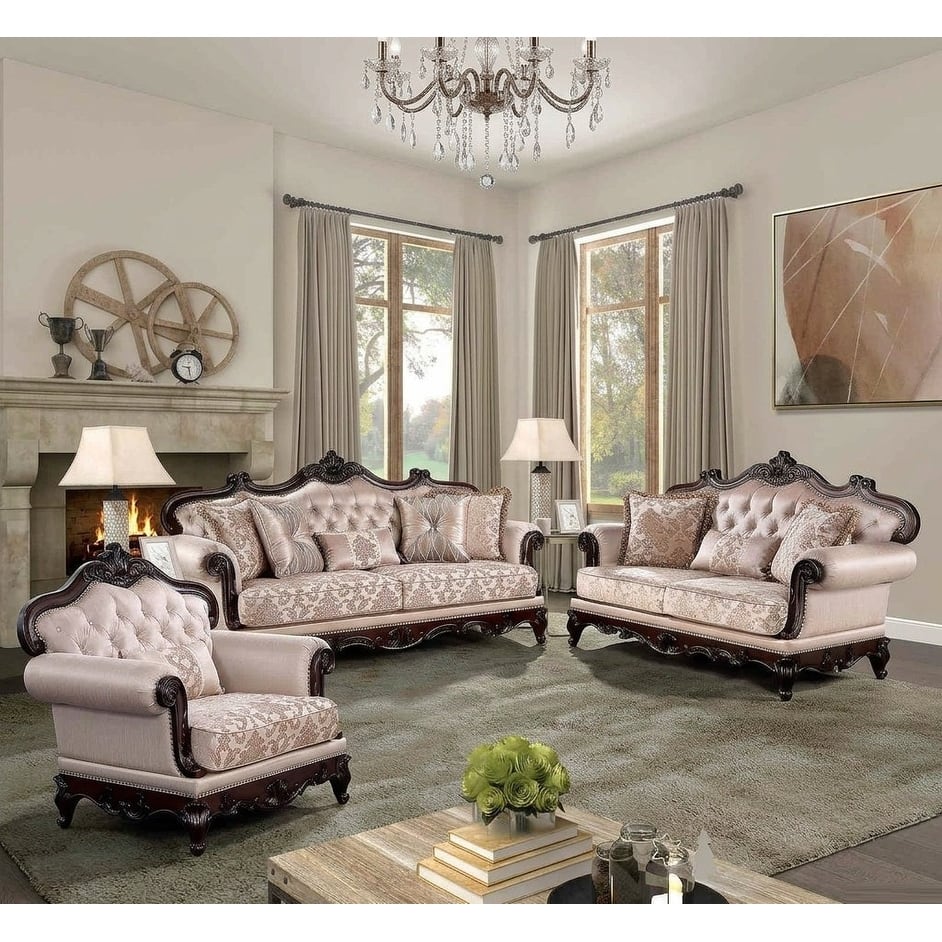 Royal Two Tone Brown Finish Tufted Rolled Arms Sofa Wooden Furniture Set