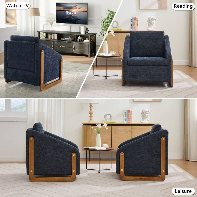 Modern Chenille Upholstered Armchair with Wooden Side Frame, Single Accent Leisure Chair with Backrest for Living Room, Bedroom