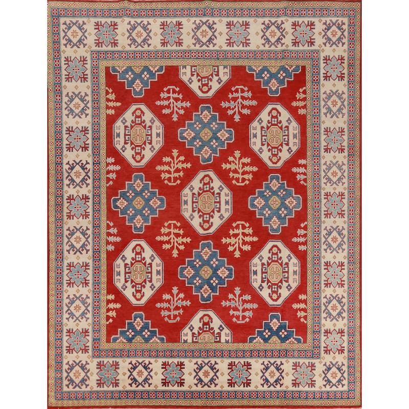 Hand Knotted Oriental 100% Wool Carpet Traditional Geometric Red Kazak Area Rug - 9' 8'' X 7' 11''