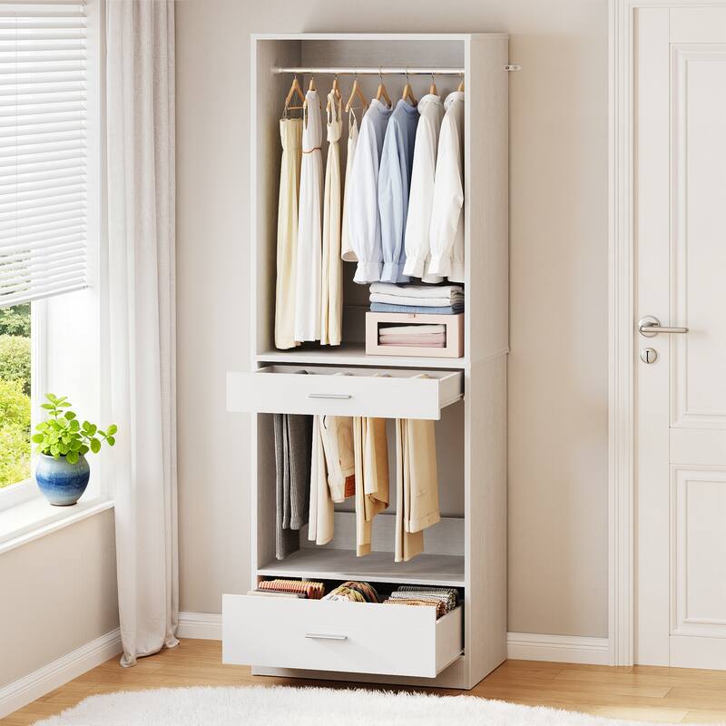 Qvella 23.6'' W Closet System with Hanging Rods and Wooden Drawers, Modular Walk-In Closet Organizer with Pants Rack