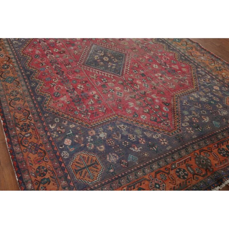 Geometric Joshaghan Persian Vintage Rug Hand-Knotted Wool Carpet - 6'7"x 9'10"