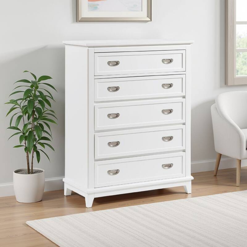 Sely Tall Dresser Chest, 5 Drawers, White Wood, Nickel Ring Handles
