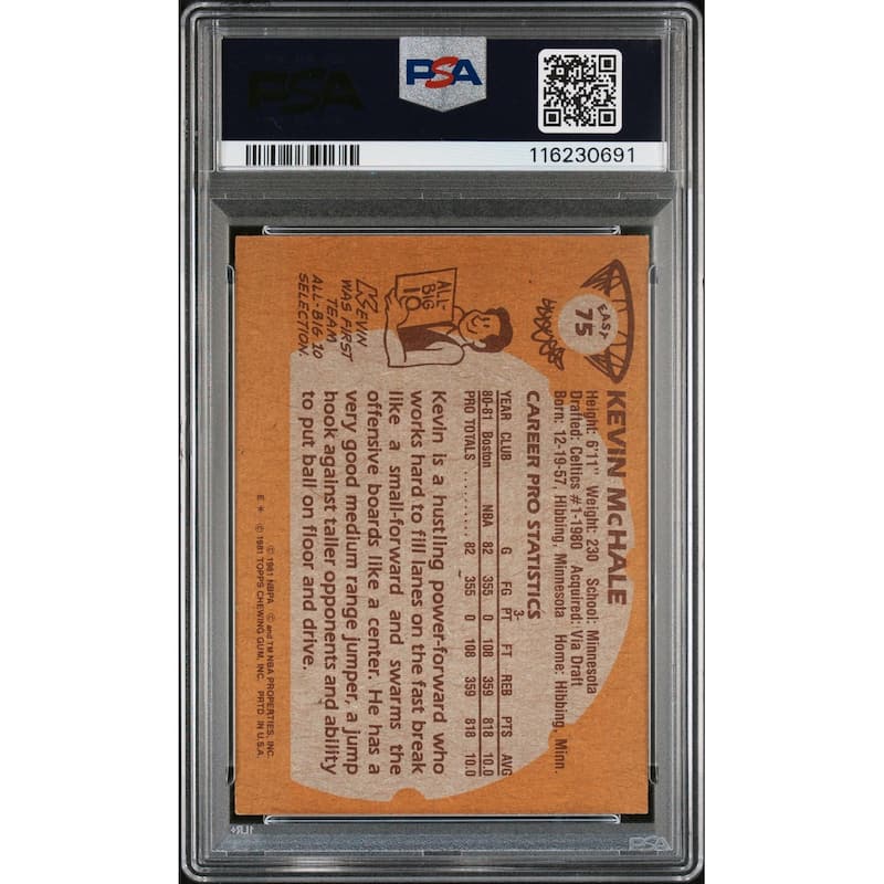 Kevin McHale 1981 Topps East Signed Basketball Rookie Card #75 Auto Graded PSA 10 Cert # 116230691 - 8' x 11'