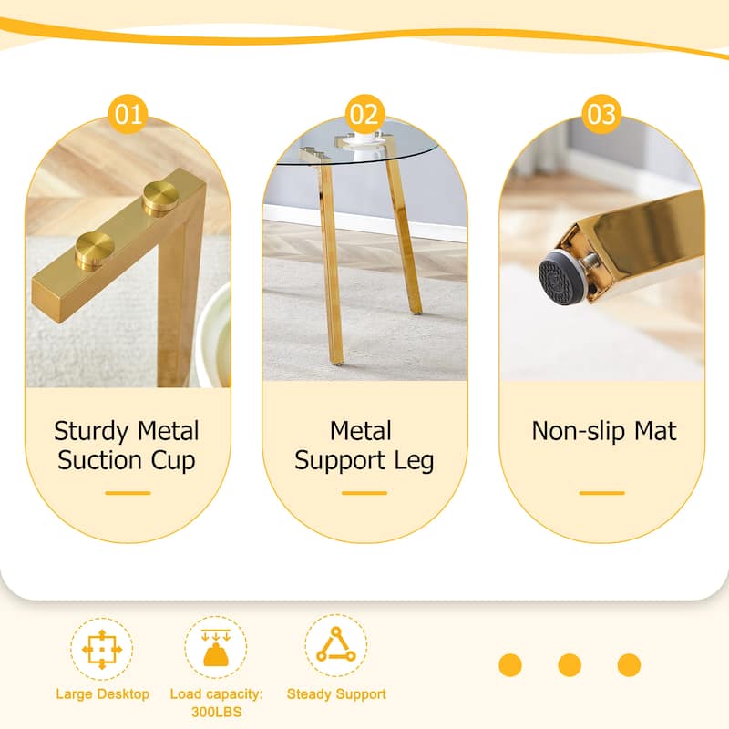 Roomfitters Round Glass Dining Table with Gold 7-Shaped Metal Legs for Dining, Office or Coffee Space, Gold