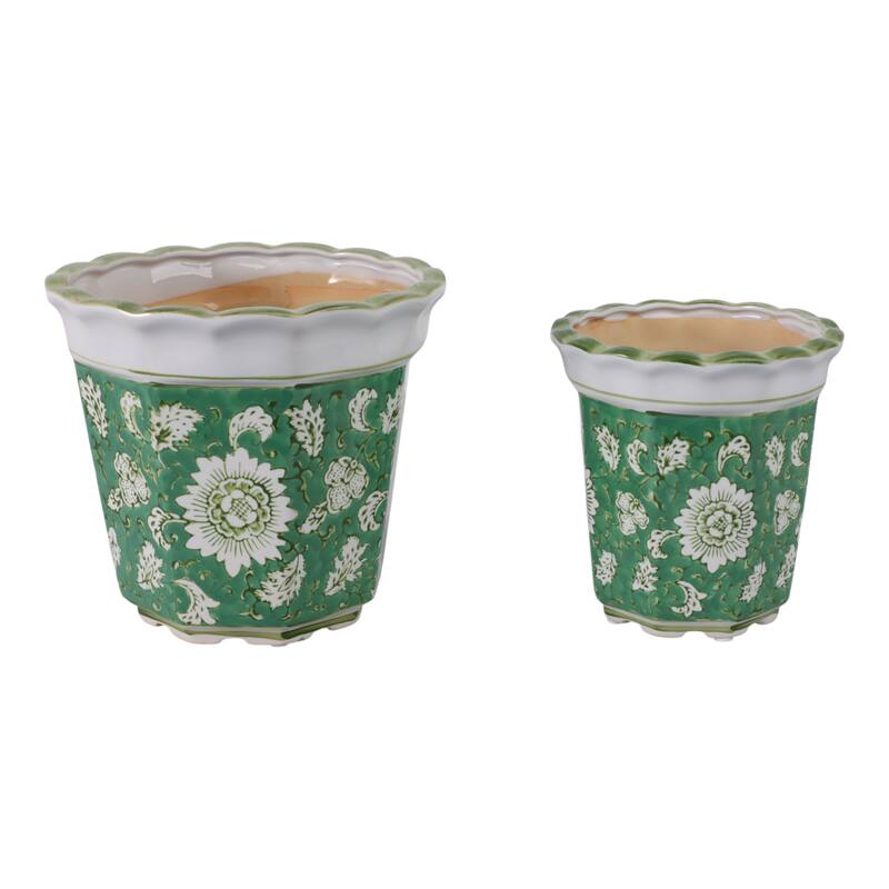 Ceramic Planters With Floral Embossing - Set of 2, Green