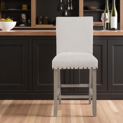 HomeRoots 26" White and Natural Wood and Fabric Counter Height Bar Chair