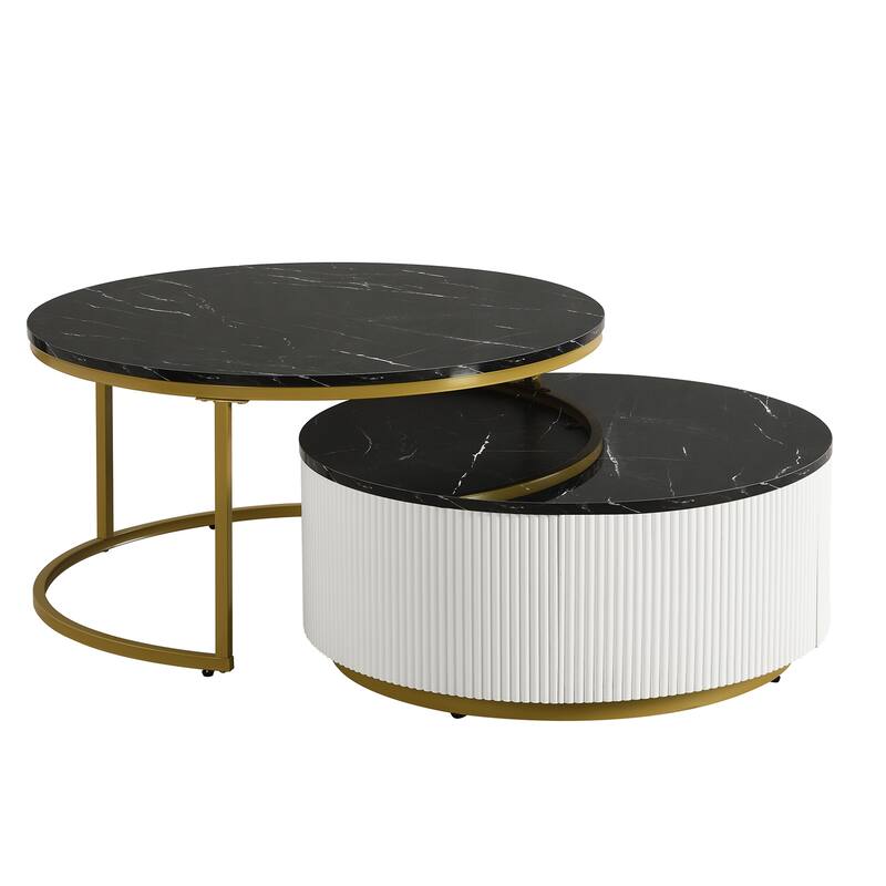 Modern Round Nesting Coffee Table Fluted with Drawer