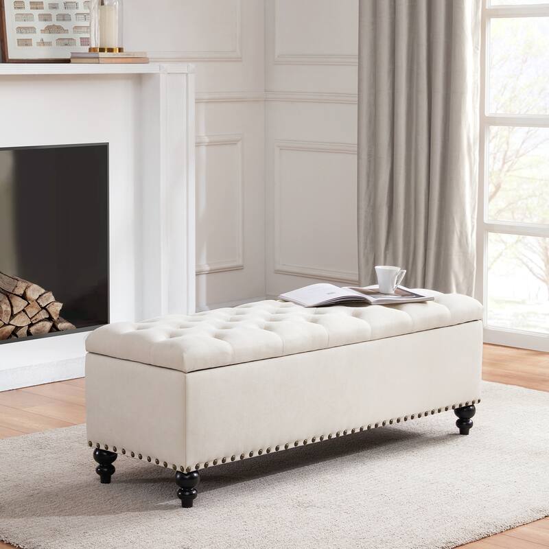 Button-Tufted Storage Bench for Bedroom 50.3"W x 17.5"D x 18"H Bottom rivets design - Beige