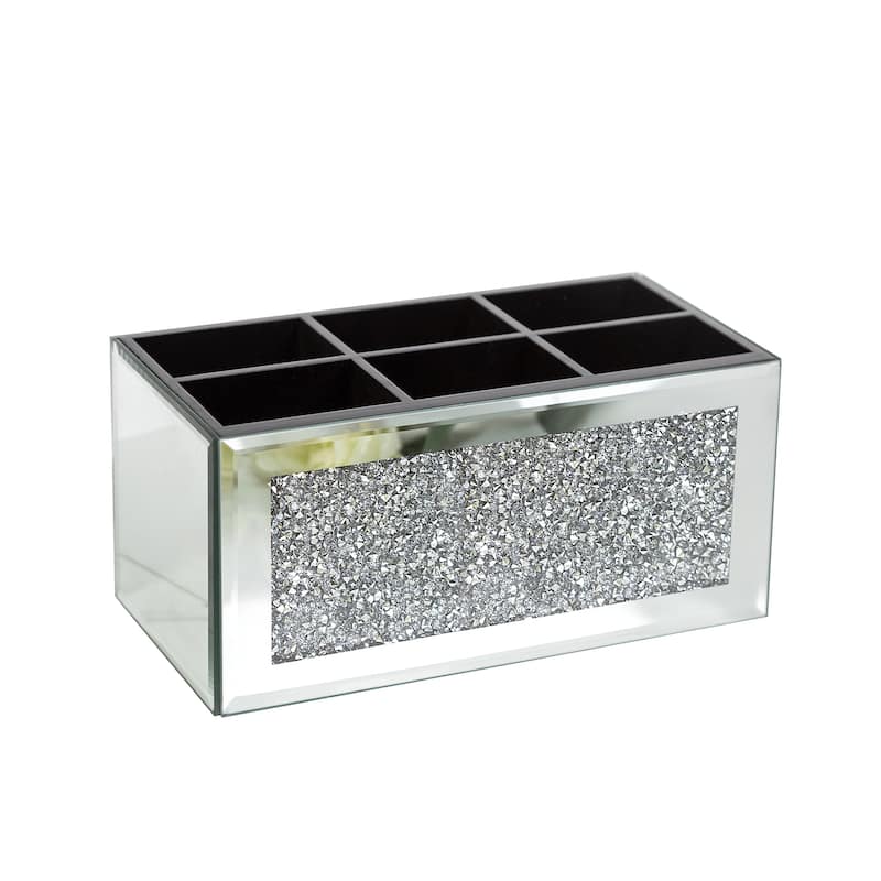 8" Silver Mirrored Glass Six Section Jewelry Organizer With Faux Crystals
