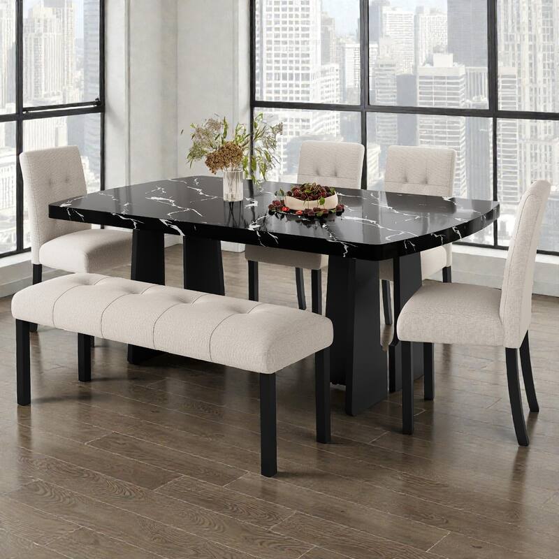 6-Piece Modern Dining Set, 63" Faux Marble Table with Geometric Legs, 4 Upholstered Chairs and Bench for Kitchen Dining Room