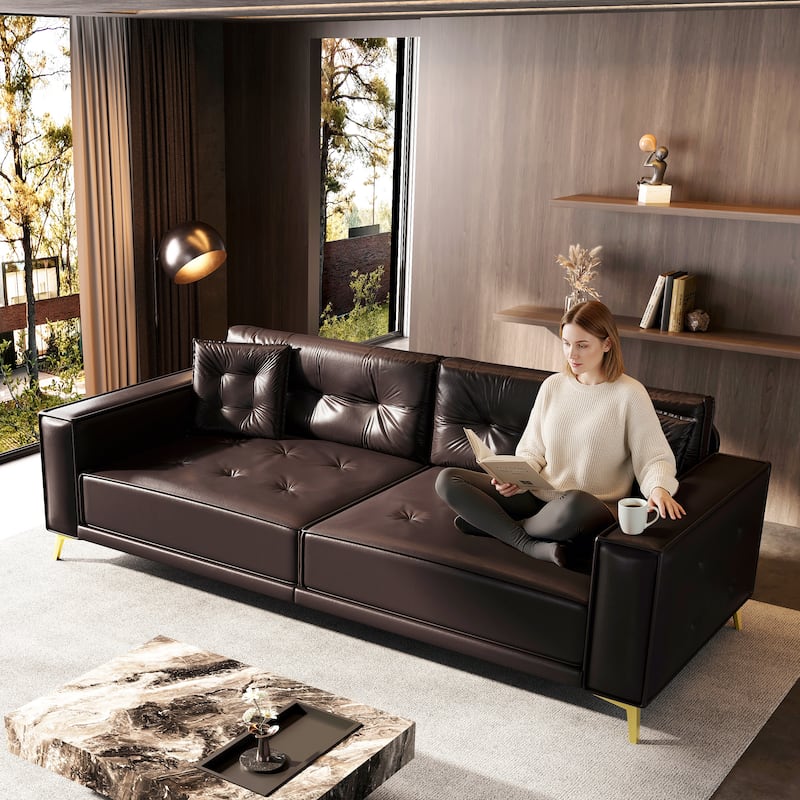 Oversized 3-in-1 Convertible Sofa Bed, 92.1" Faux Leather Square Arms Loveseat, Modern Pull-Out Sleeper Couch with Pillows