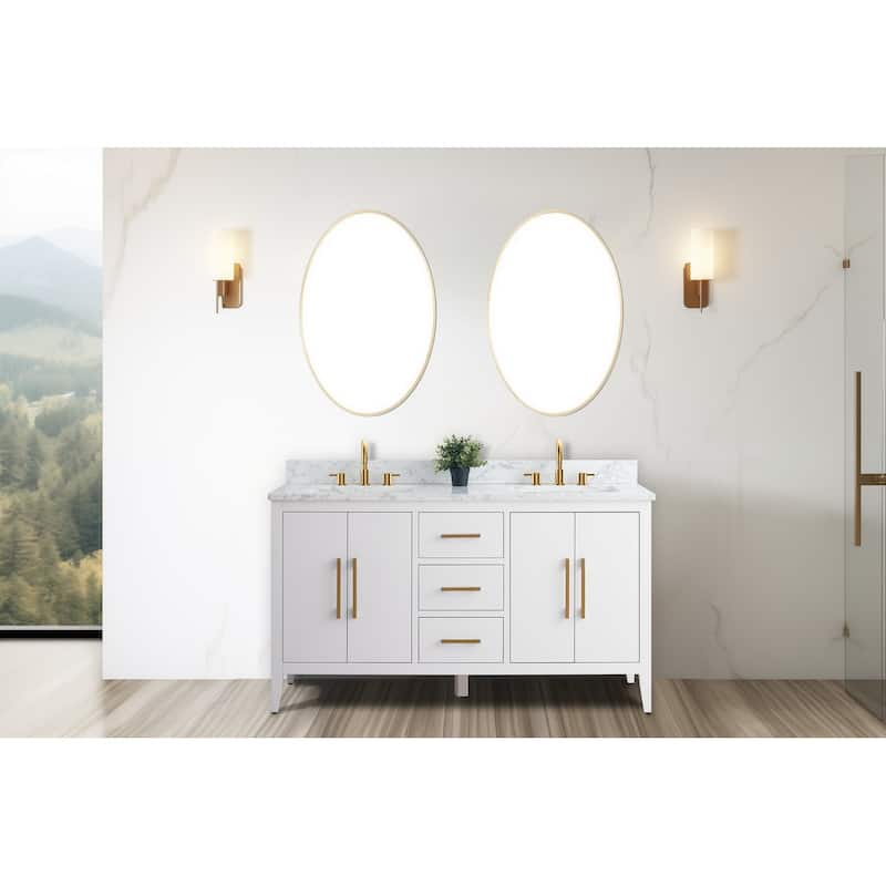 Vanity Art 60" Double Sink Bathroom Vanity Cabinet with Engineered Marble Top - 60"/Golden Brushed Handle - White