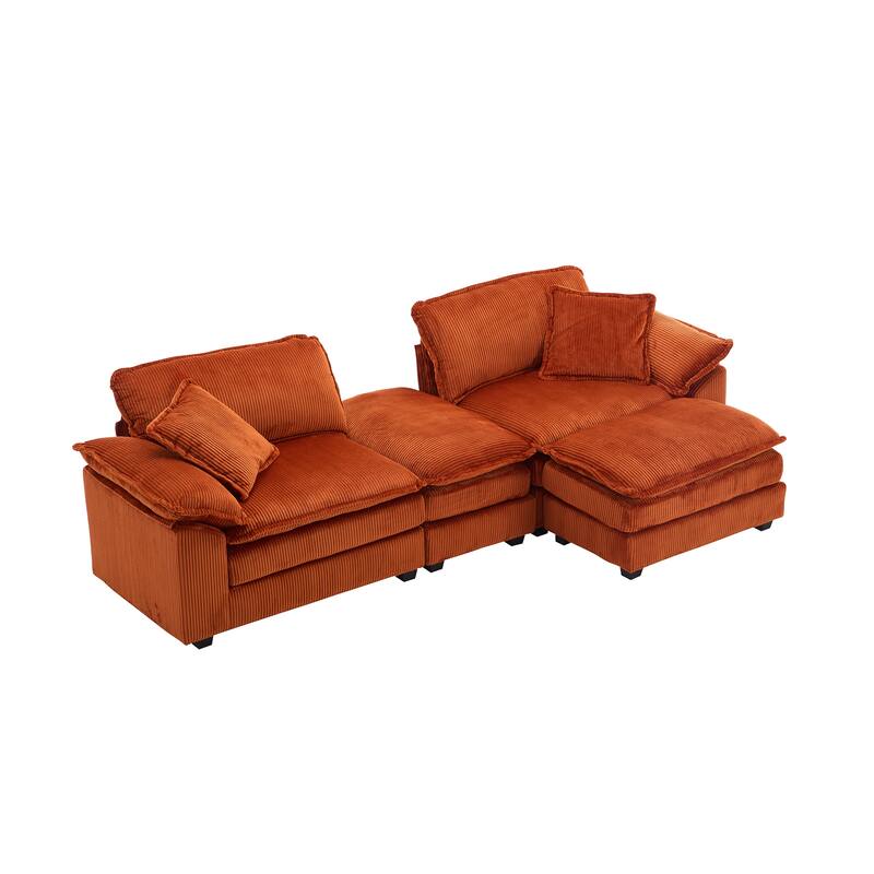 84.6" Corduroy 2-seats sofa With 2 back pillows,2 toss pillows and two ottoman