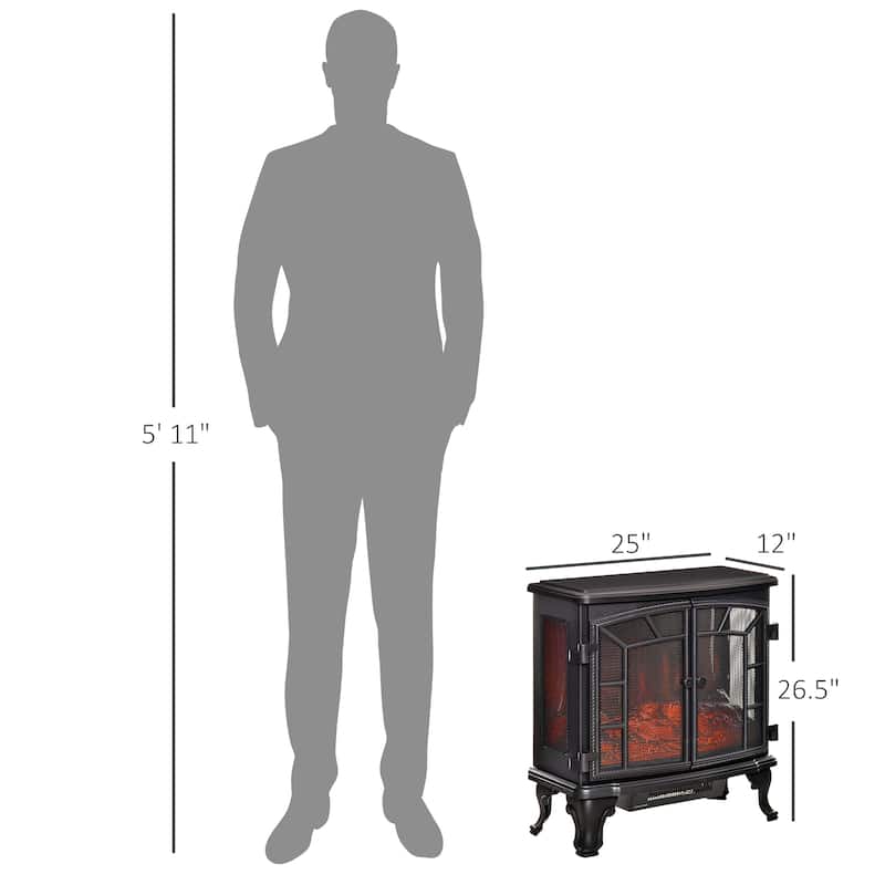 HOMCOM 25" Electric Fireplace Wood Stove, Freestanding Fireplace Heater, Timer and Remote Control, 750W/1500W, Black