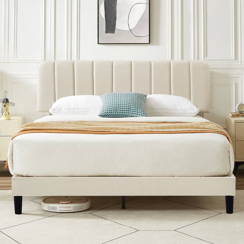 Javlergo Upholstered Platform Bed Frames with Height Adjustable Headboard, Sturdy Wooden Slats/Noise-free
