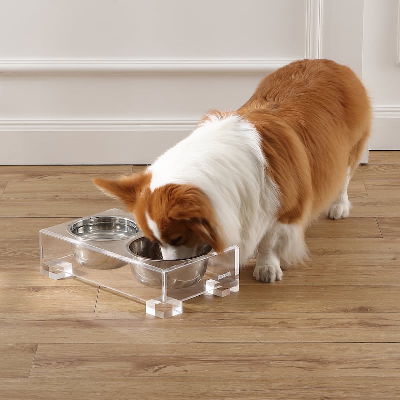 Billie 24"x15.75" Fluffy Pet Bed with Washable Cushion and 4" Elevated Pet Feeder with 27 oz 2-Stainless Steel Bowls, Set of 2