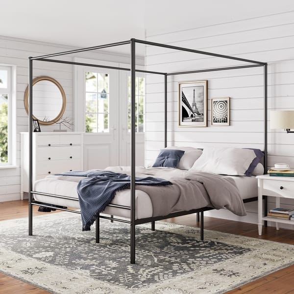 slide 2 of 12, Priage by ZINUS Black Metal Canopy Platform Bed Frame