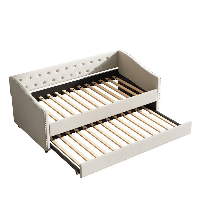 Linen Tufted Daybed with Trundle, Upholstered Platform Sofa Bed Frame, Wooden Slat Support