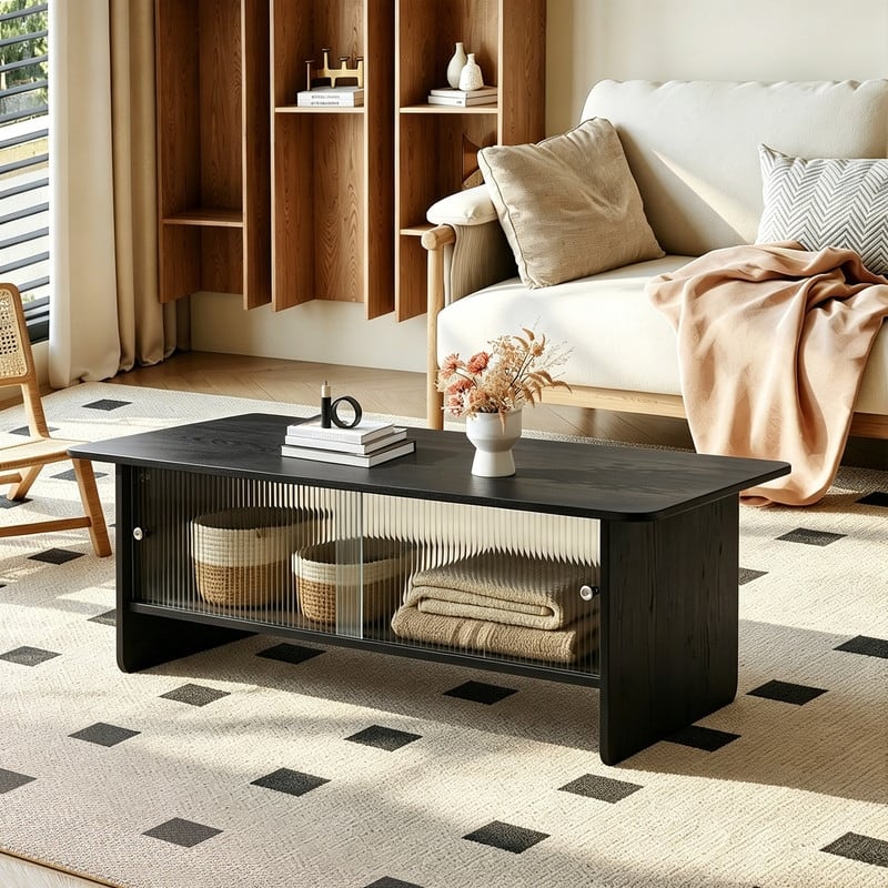 47" Rectangular Coffee Table with Storage Cabinet with Glass Doors for Living Rooms