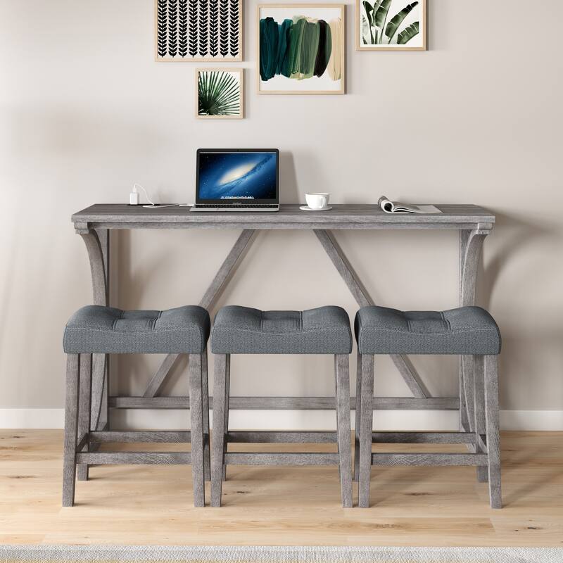 Bar Table Set with Power Outlet, Bar Table and Chairs Set, 4 Piece Dining Table Set