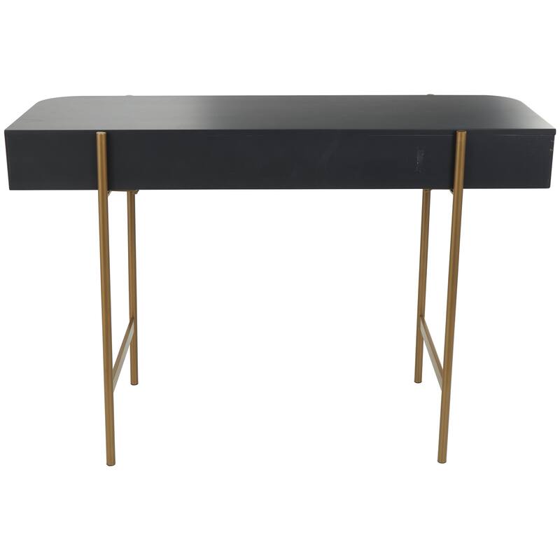 Black Wooden Rounded Rectangular Ribbed Living Room Console Table with Gold Metal Legs