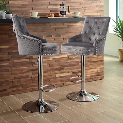 Velvet Swivel Bar Stool Tufted Back High Counter Seat