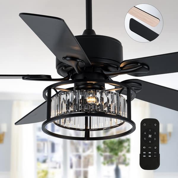 slide 2 of 13, Cusp Barn 52 Inch Modern Caged Black Ceiling Fan with Light, Crystal Chandelier Fan, Quiet DC Motor Reversible Ceiling Fan Black