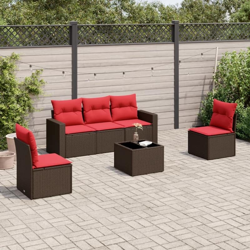 vidaXL Patio Sofa Set with Cushions Outdoor Conversation Furniture Poly Rattan - 25.8" x 24.4" x 27.2" - Brown and red with table