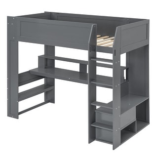 All-in-one Gaming Loft High Bed with Desk, Lights, Ports, Shelf, Gray