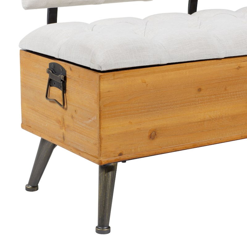 White Fabric Storage Bench with Cream Tufted Seat and Back
