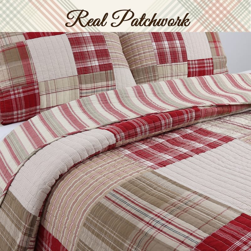 Cozy Line Alivia Red Plaid Real Patchwork Cotton Reversible Quilt Bedding Set