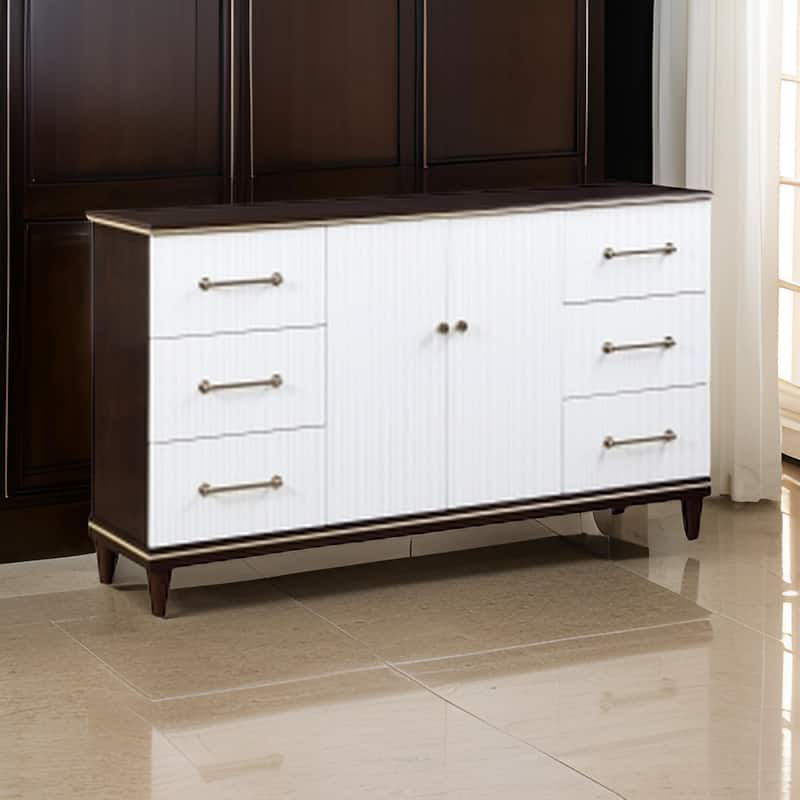 Shim 66 Inch Wide Dresser, 6 Drawers and Double Door, White, Cherry Brown