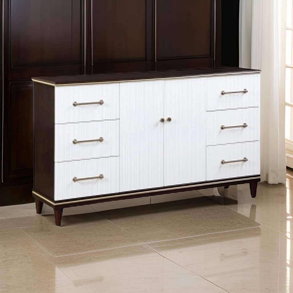 Shim 66 Inch Wide Dresser, 6 Drawers and Double Door, White, Cherry Brown