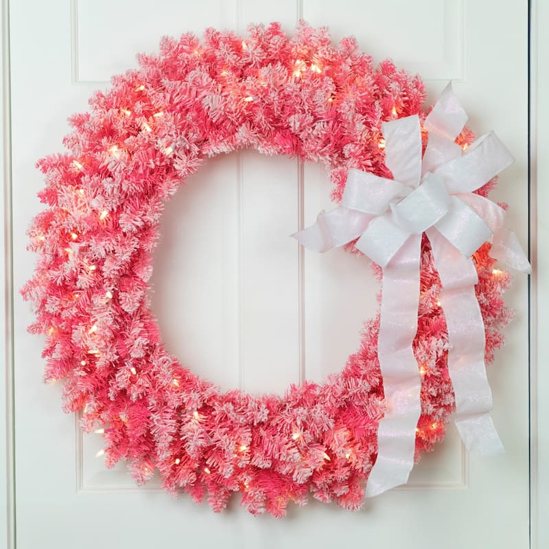 Pre-Lit Flocked Pink Artificial Christmas Wreath 36 Inch, Clear Lights