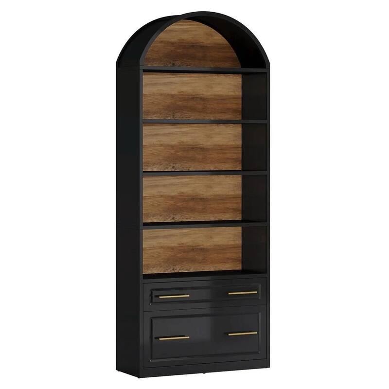 5-Tier Arched Bookshelf with Drawer & File Cabinet, Wood Storage Bookcase for Living Room or Home Office