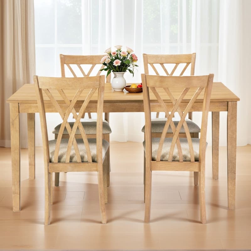 Wood Dining Table Set with 4 Chairs, Space-Saving Kitchen/Dining Room Set with Easy-Clean, Anti-Slip Design for 4-6 Persons