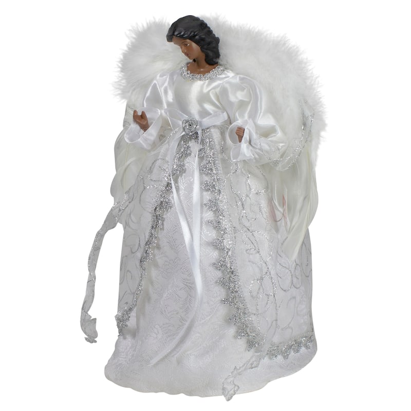 14" African American Silver and White Angel Christmas Tree Topper Unlit - 14