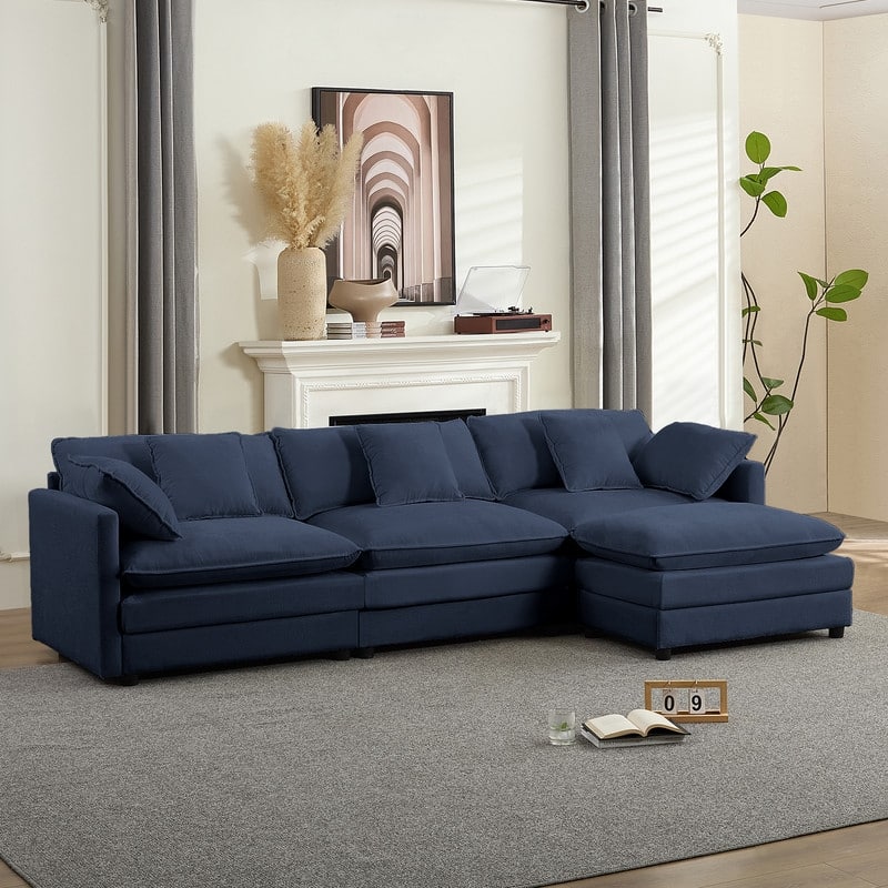 Mixoy 113''L-Shaped Modular Sectional Sofa,Modern Chenille 4-Seater Cloud Couch with Ottoman and Thickened Cushion - 3+1 - Dark Blue