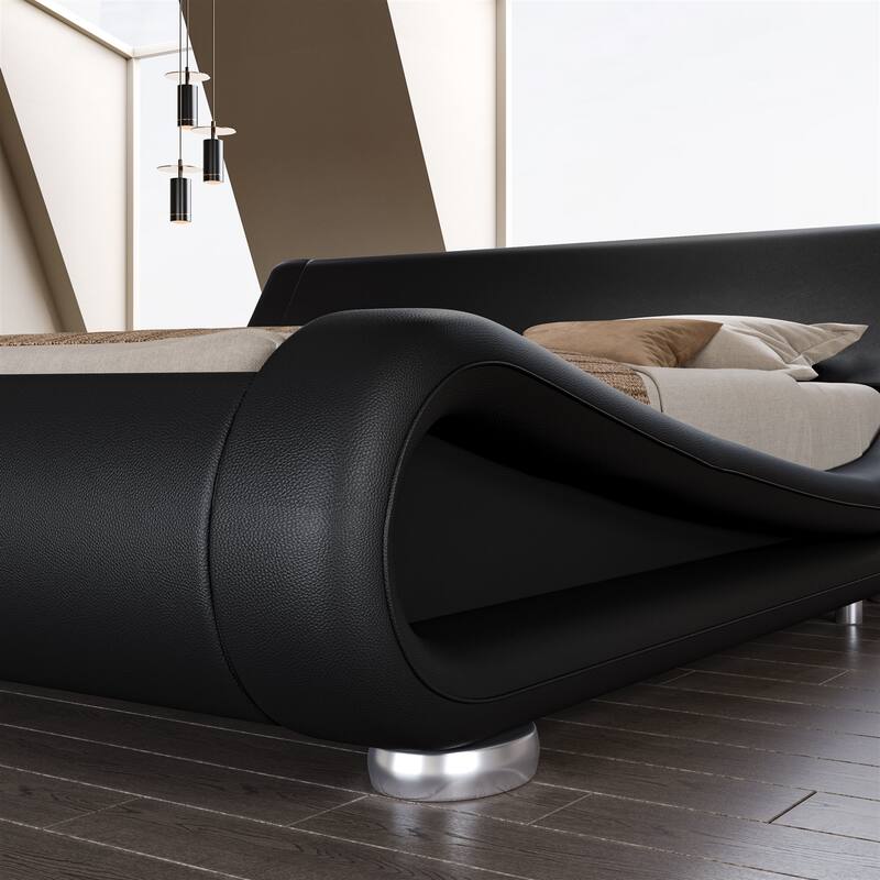 Upholstered White Platform Bed Frame with Curved Headboard and PU Leather